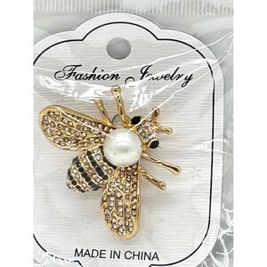 Gold Tone Honey Bee Brooch Pin Faux Pearl Rhinestone Insect Jewelry New